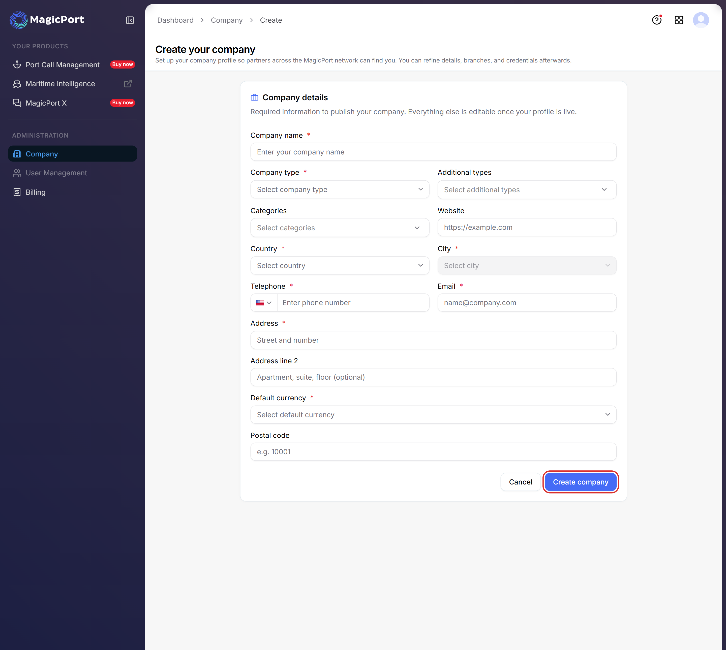 The Create your company form