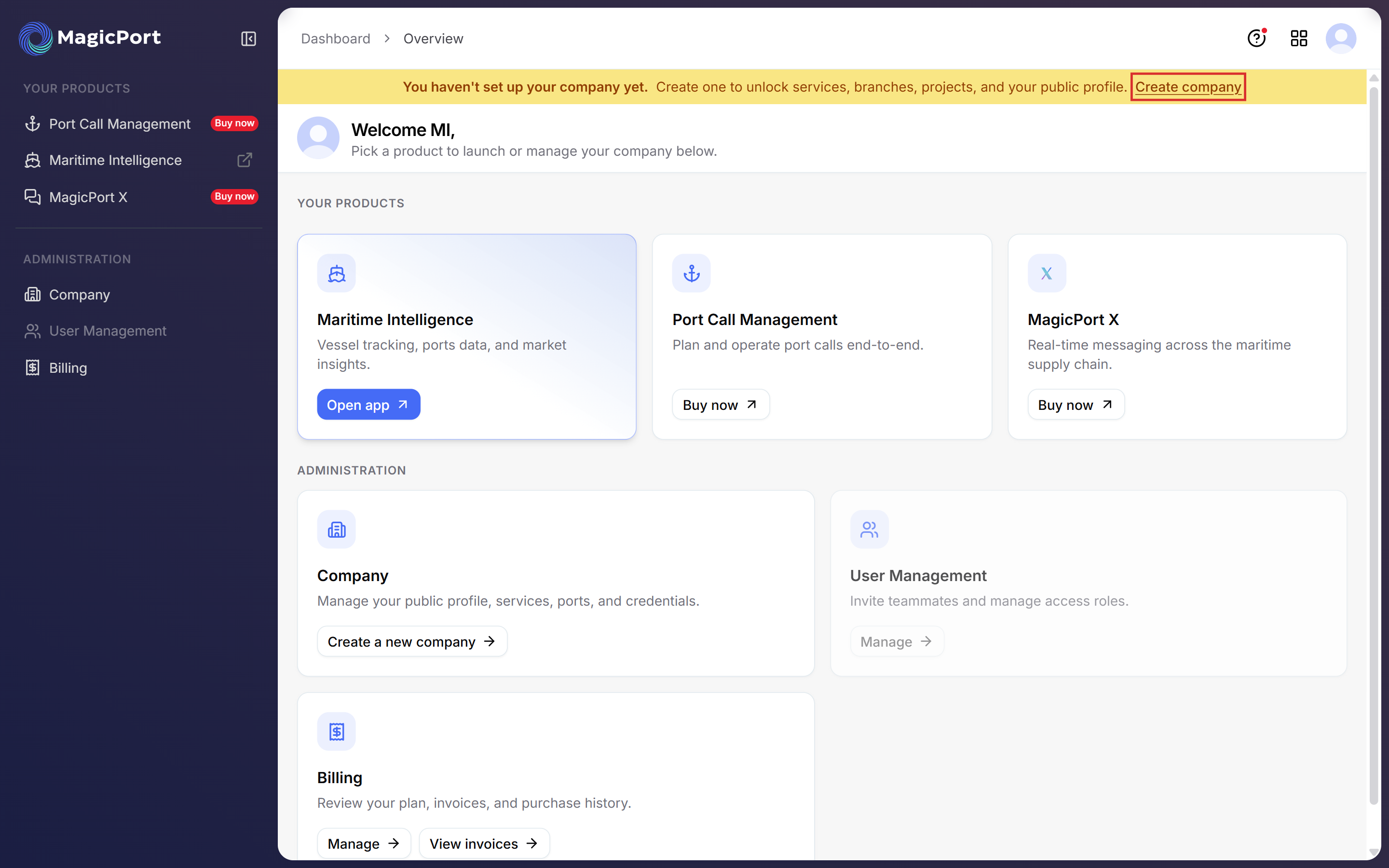 The dashboard with the company set-up banner