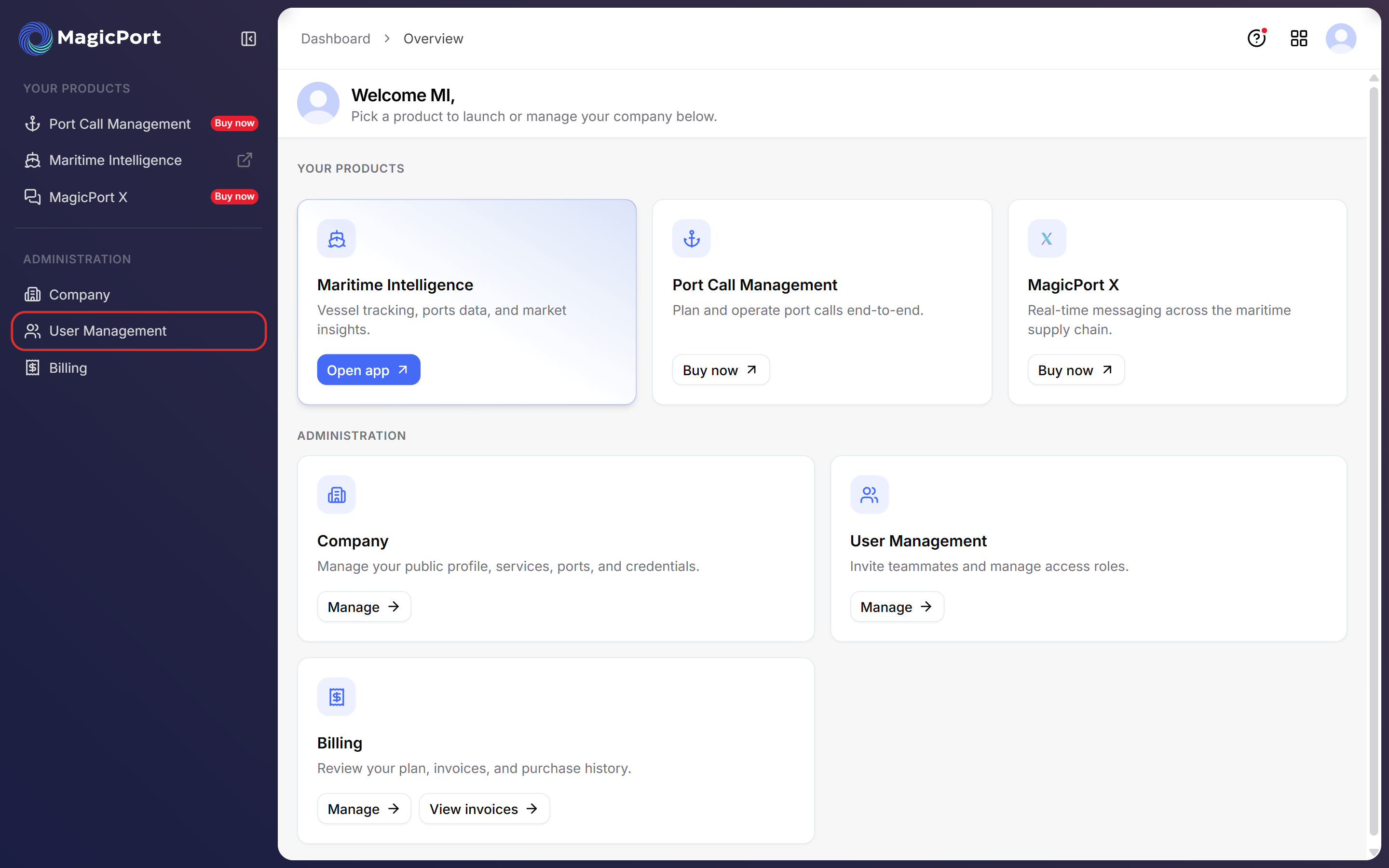 User Management in the dashboard sidebar