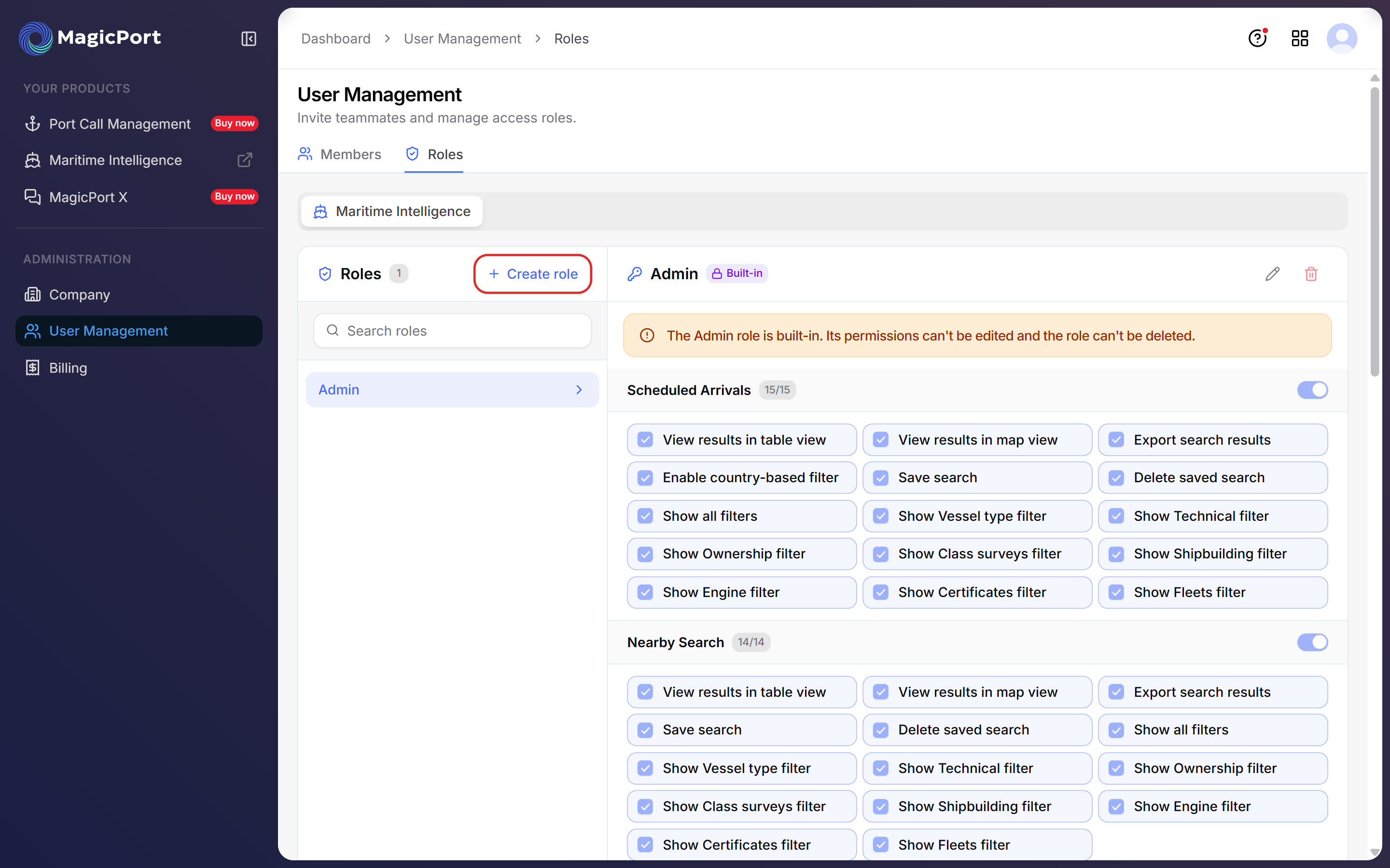 The Roles tab showing the built-in Admin role