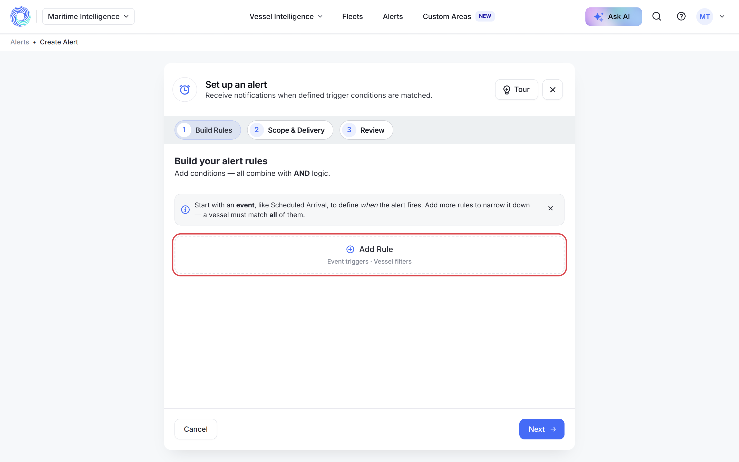 Build your alert rules with the Add Rule button