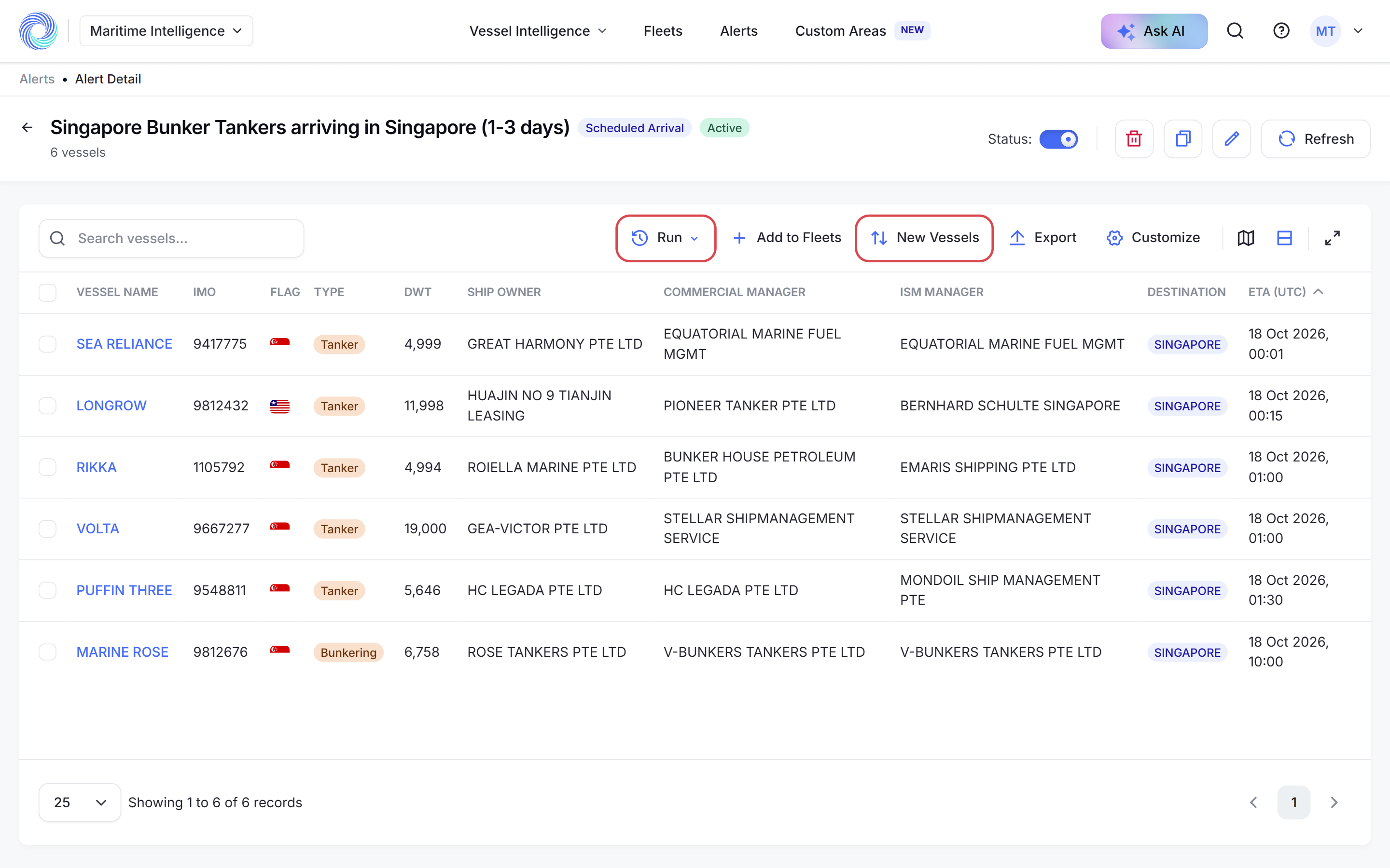 An alert's page with its matching vessels
