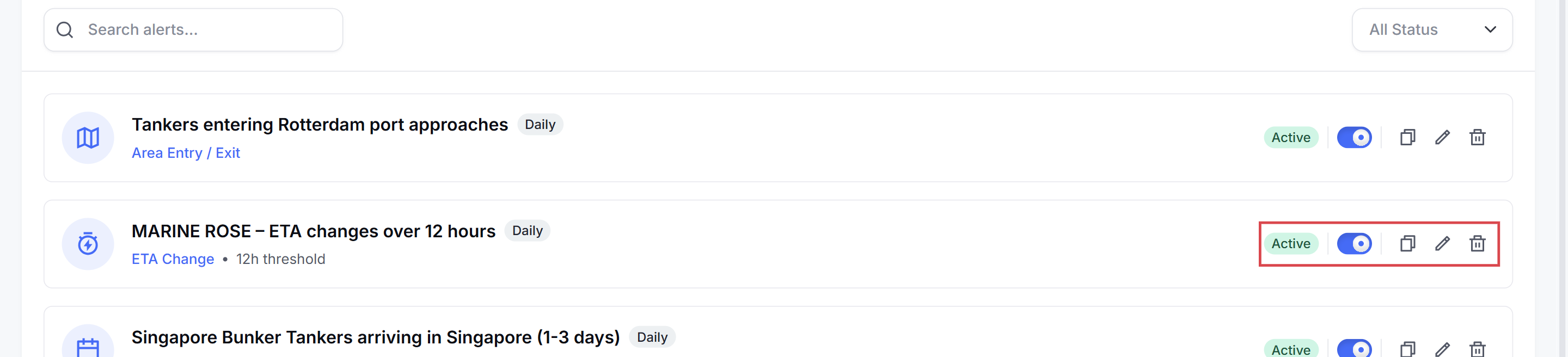 The status, switch and action icons on an alert