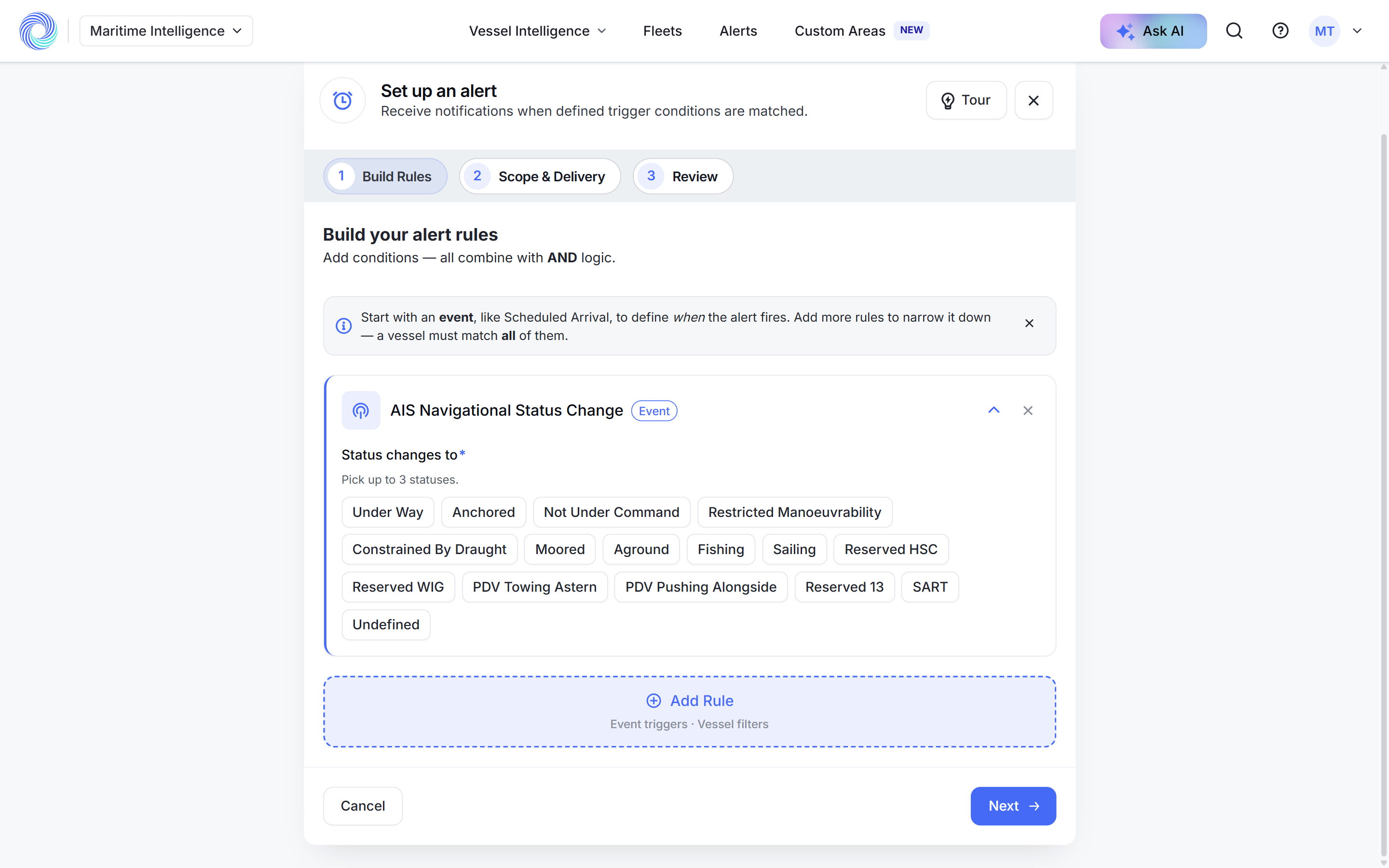 An AIS Navigational Status Change rule