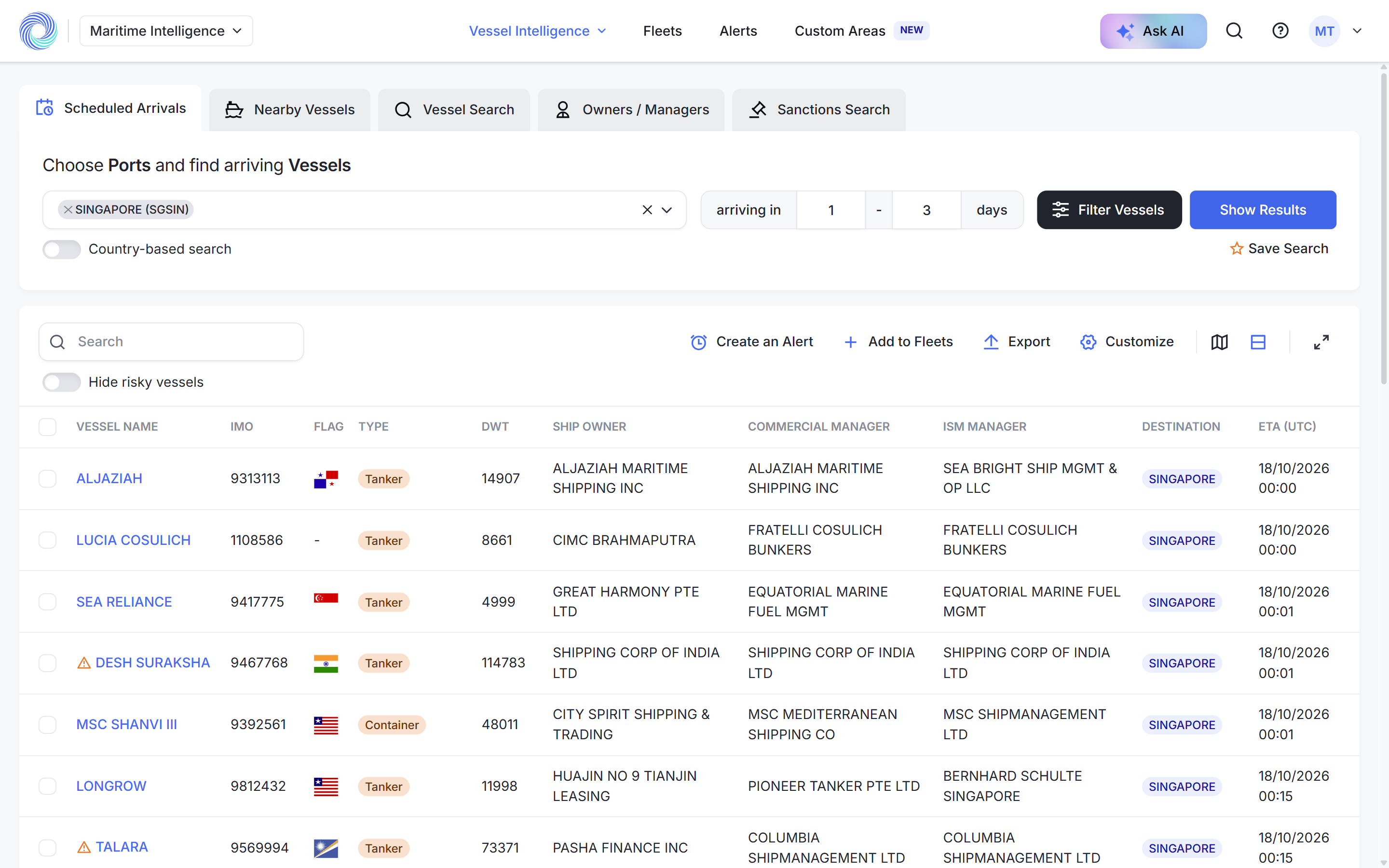 Scheduled Arrivals results for Singapore