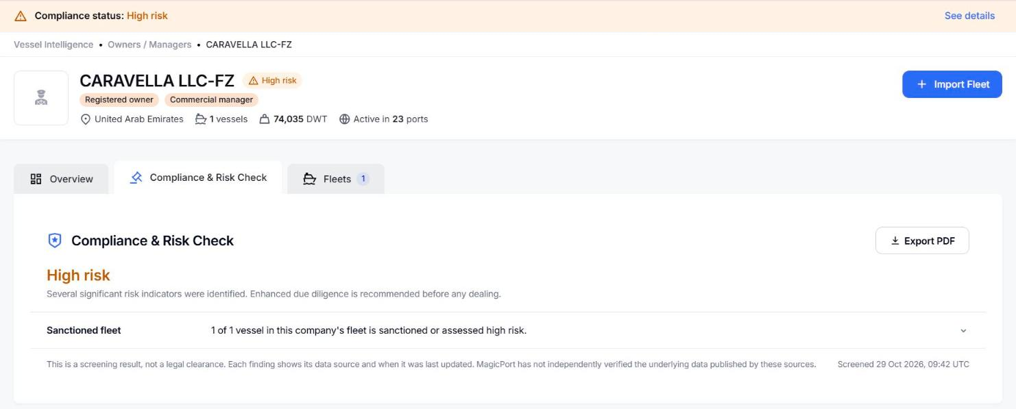 The Compliance & Risk Check tab on a company profile