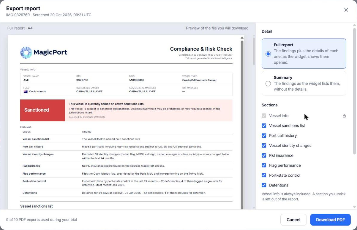 The Export report dialog with its preview
