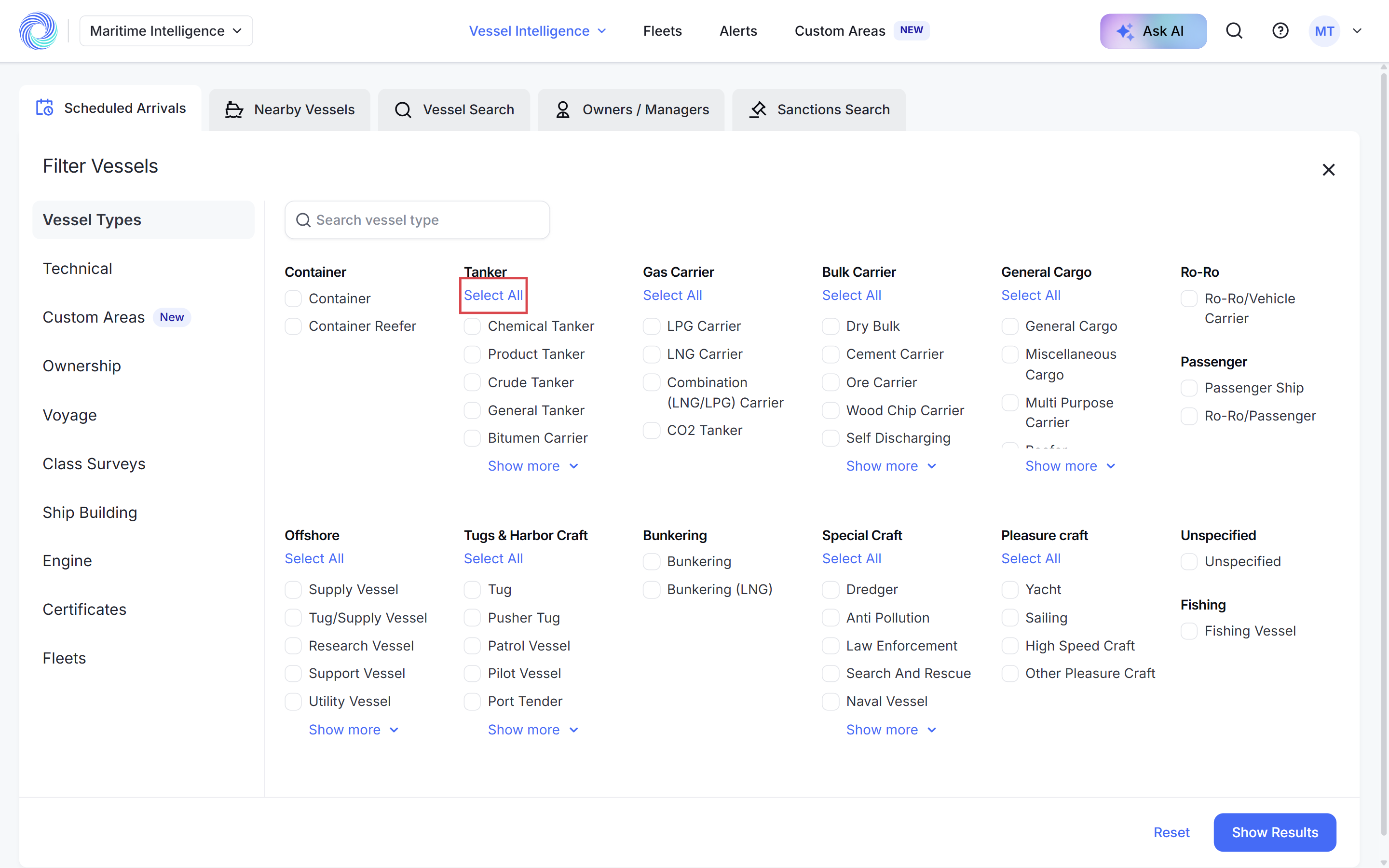 The Vessel Types tab with Select All under Tanker