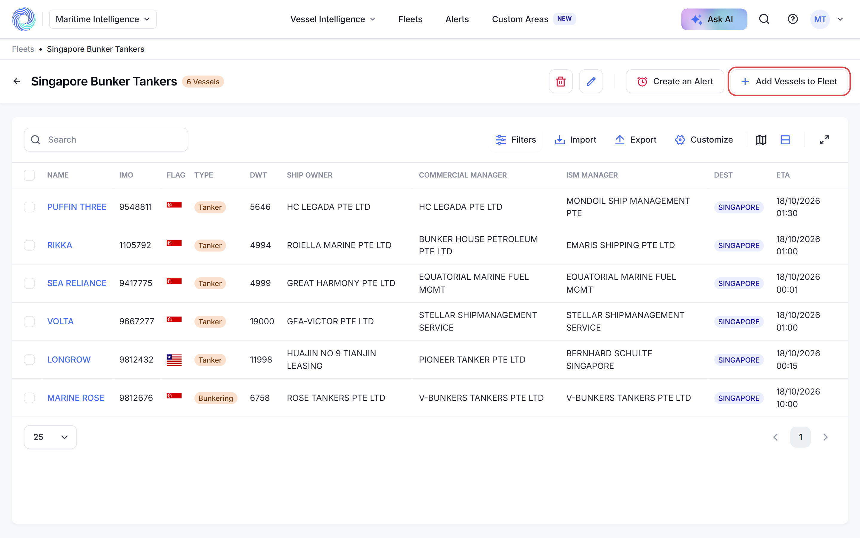 A fleet page with the Add Vessels to Fleet button