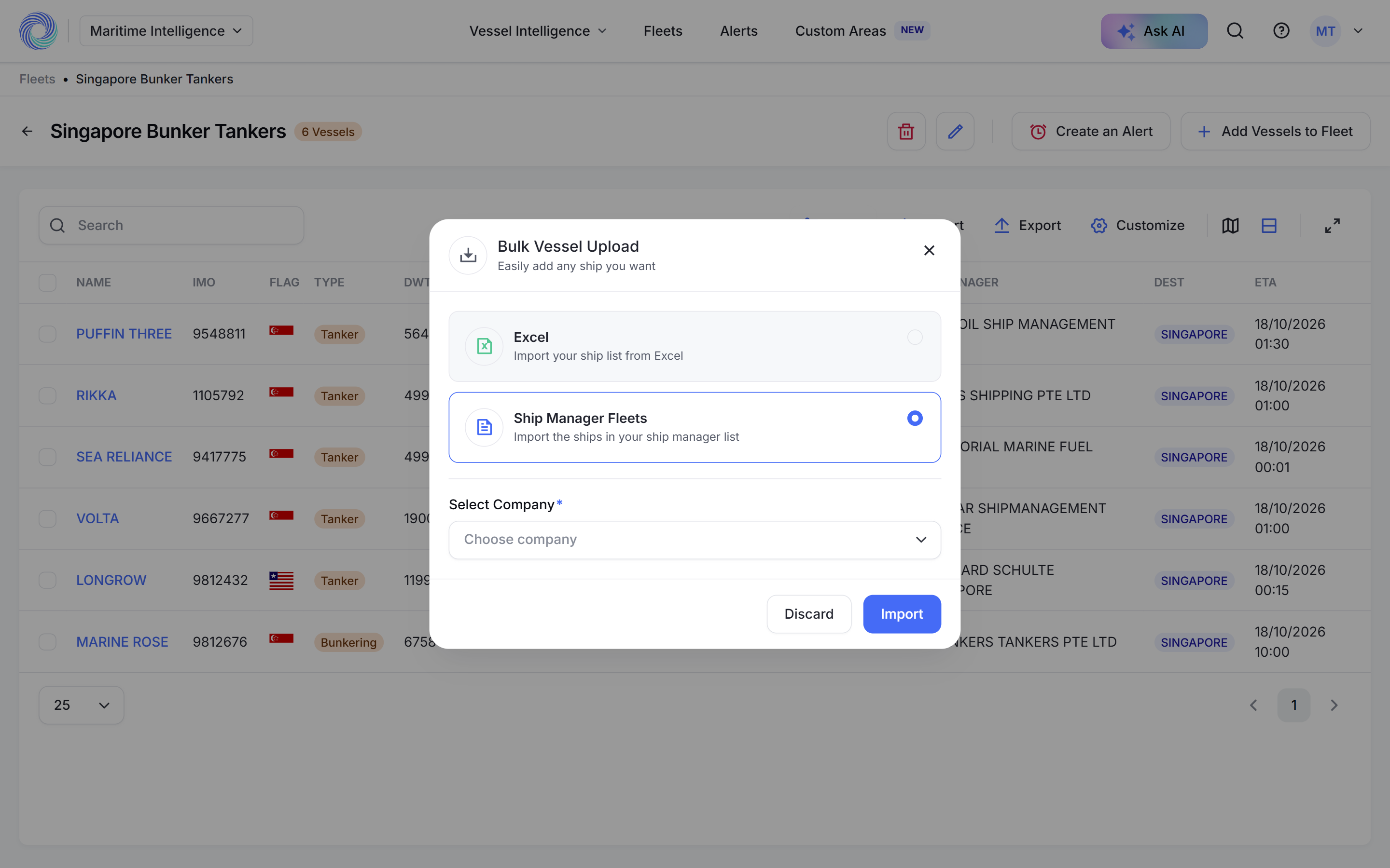 Bulk Vessel Upload with Ship Manager Fleets selected