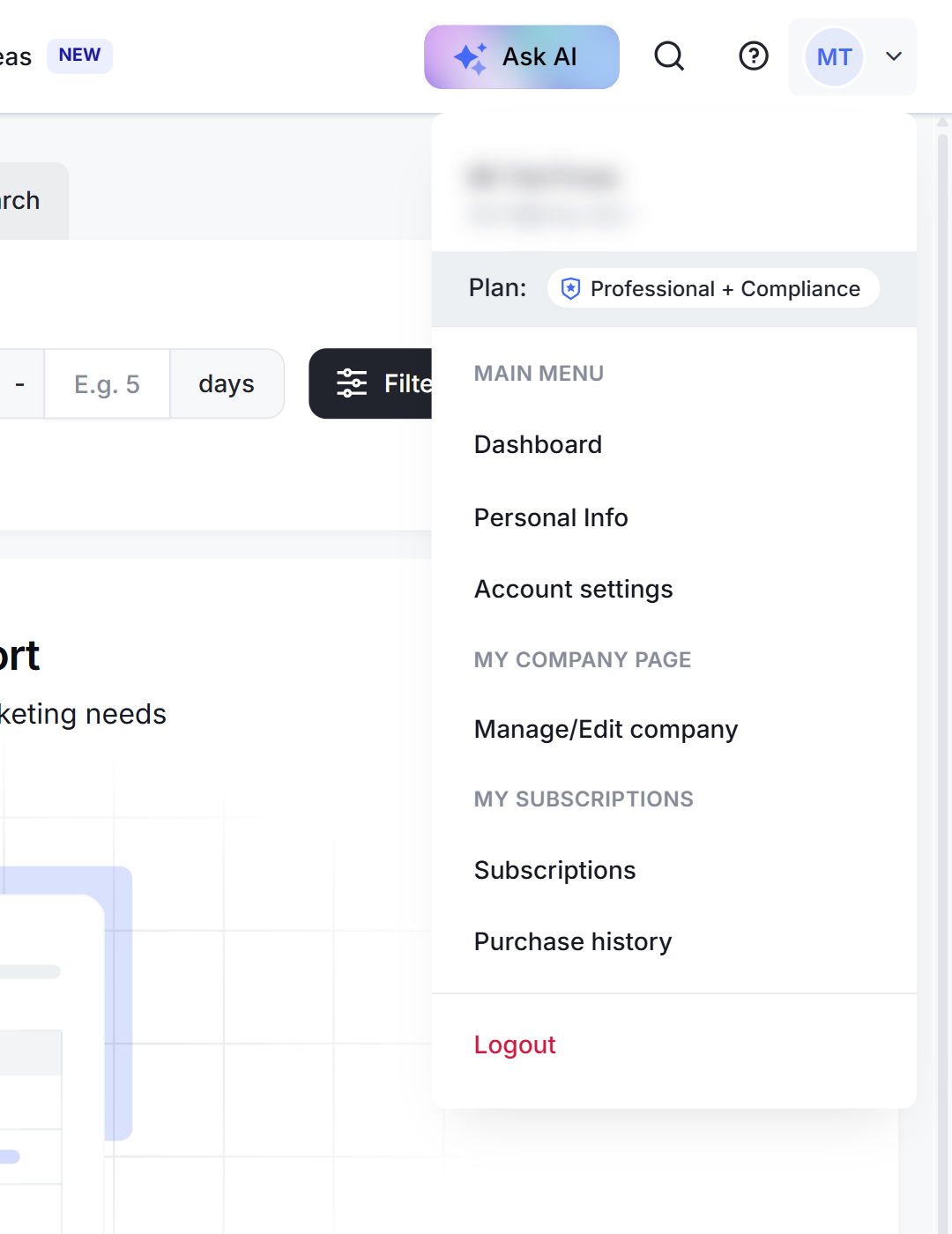 The account menu
