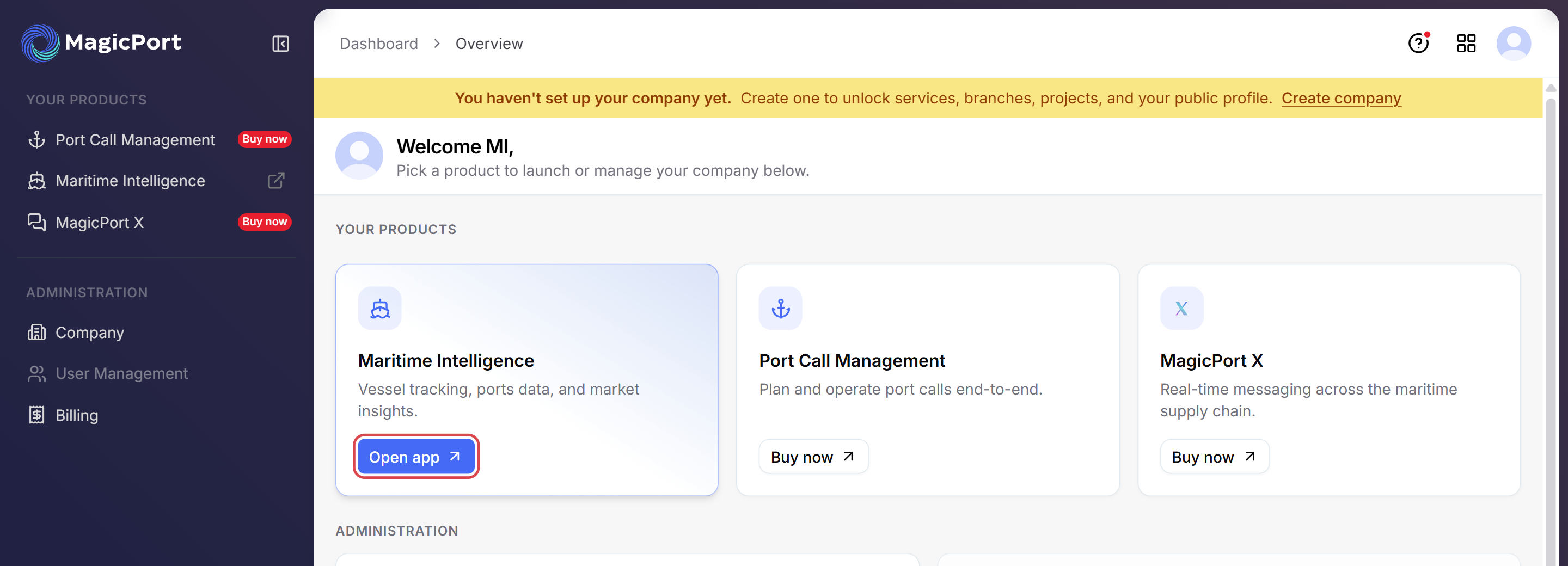 The MagicPort dashboard with Open app on the Maritime Intelligence card