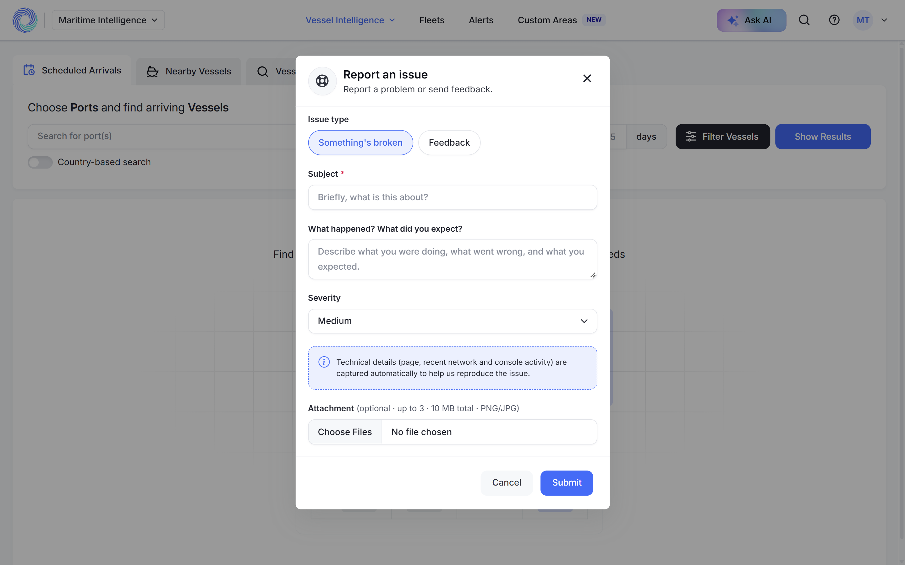 The Report an issue form