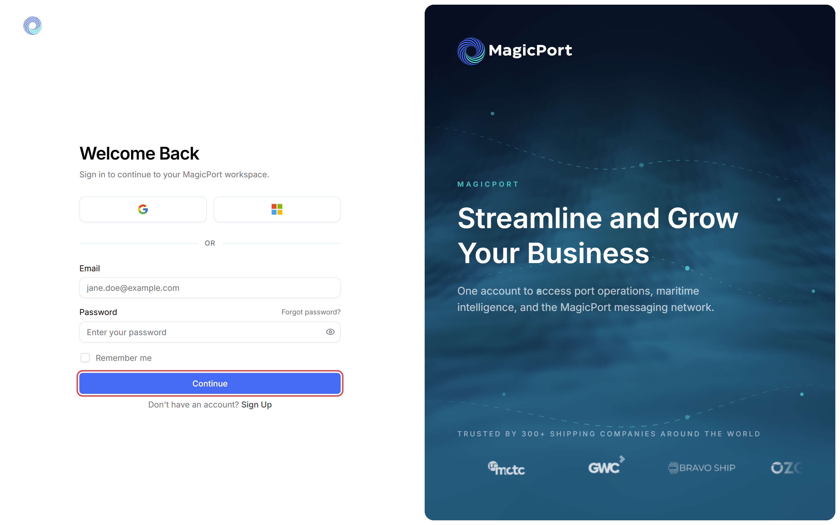 The MagicPort sign-in page