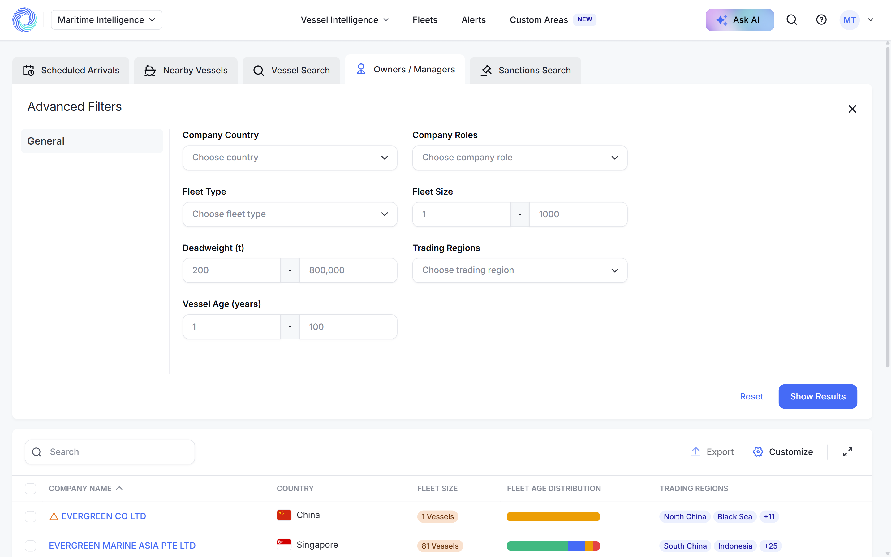 Advanced filters for companies