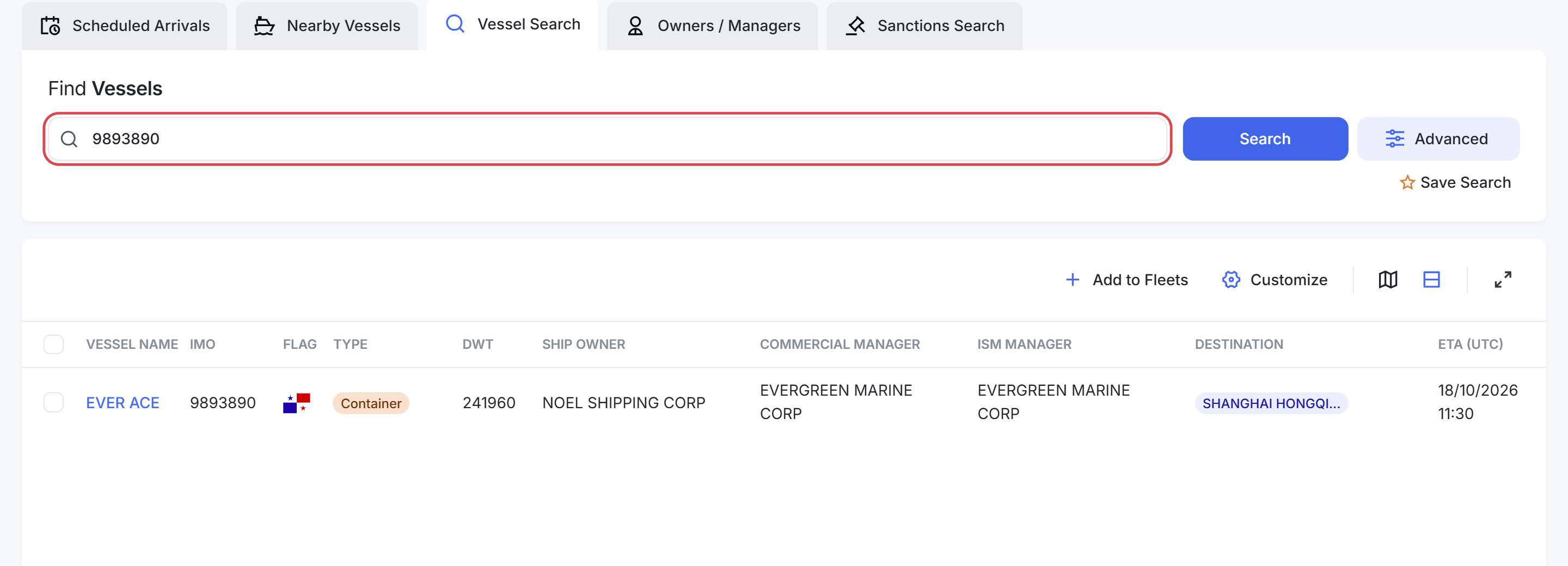 Vessel Search results